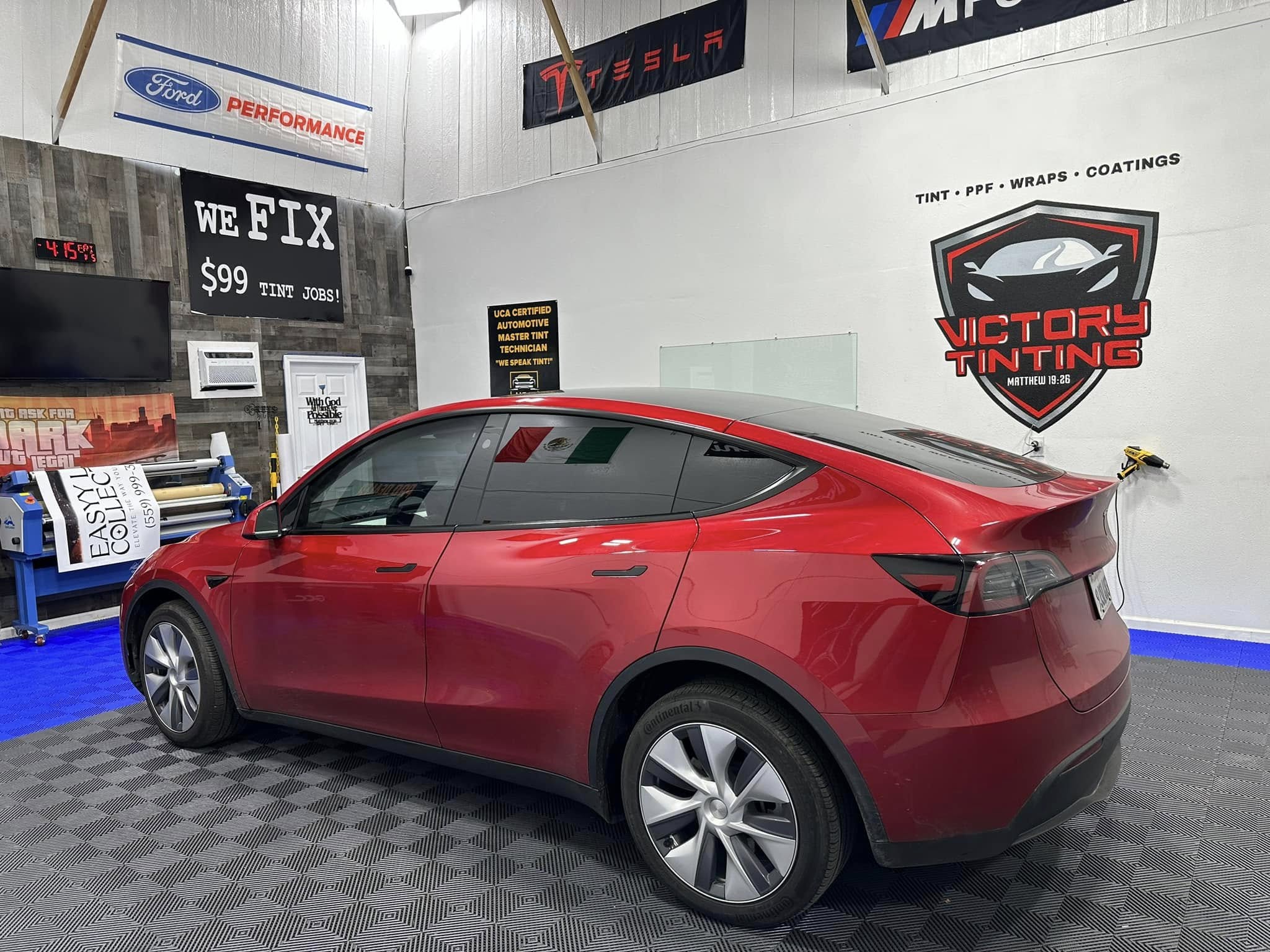 Professional auto window tinting - Tesla Model Y in Victory Window Tinting shop, Fresno CA